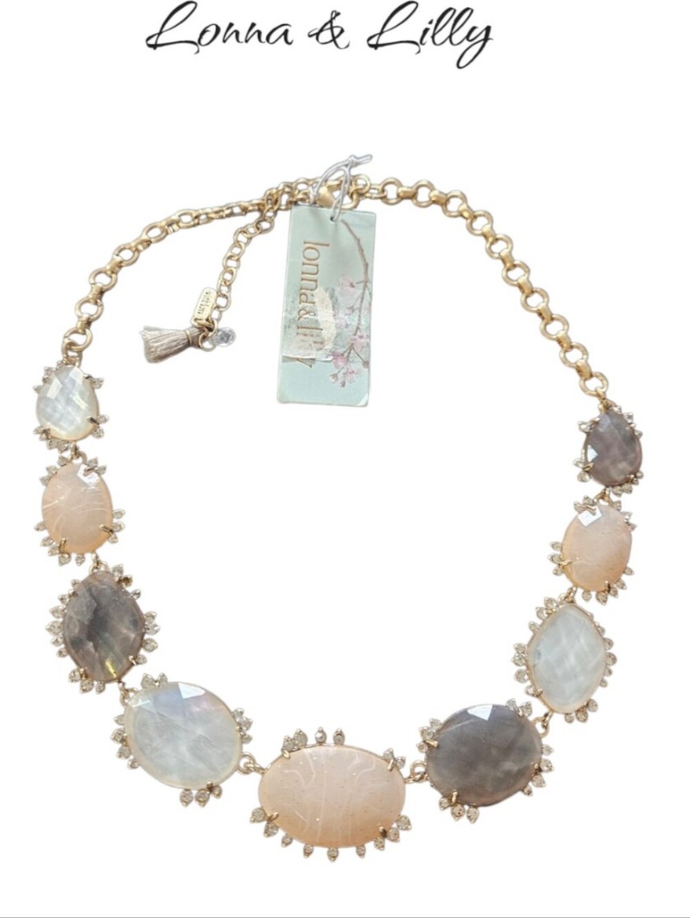 NWT lonna & lilly Gold Tone Pastel Blue Pink Cabochon Statement Necklace
